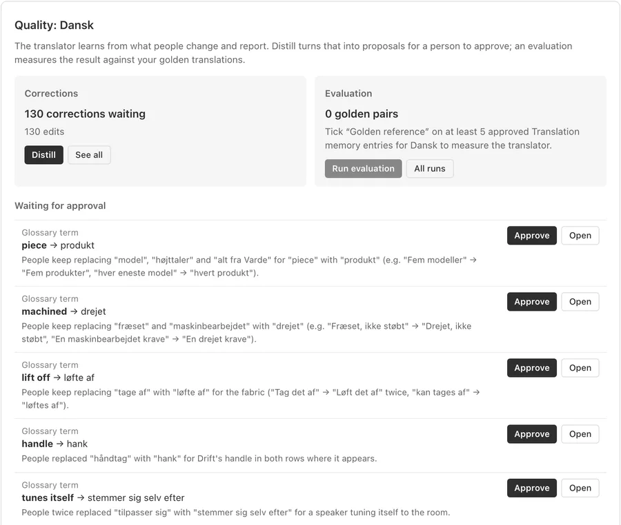 The Quality panel in Translation status: corrections waiting for Distill, and its proposals waiting for approval, such as the glossary term handle → hank.