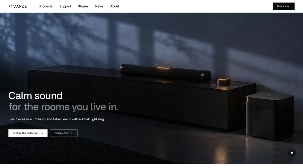 The demo site: Varde, a fictional Scandinavian maker of speakers, its front page in English.