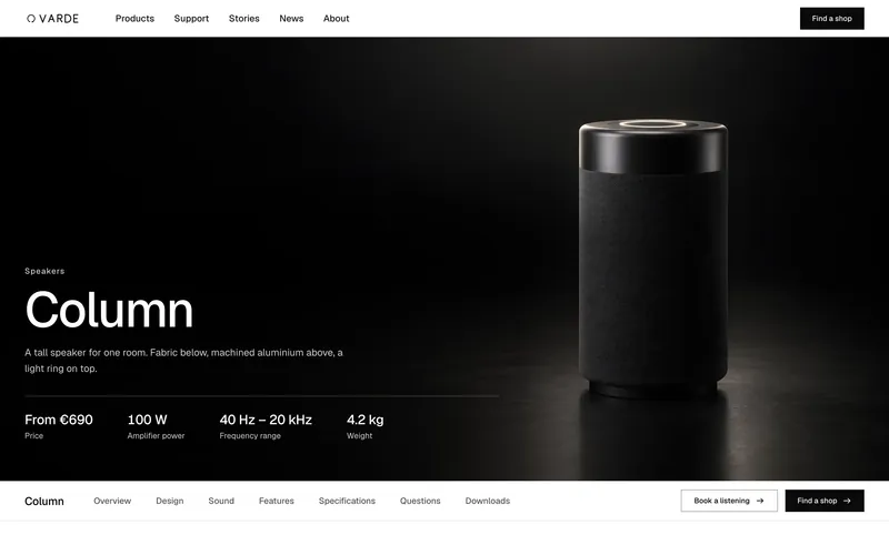 A product page in the demo: Column, with its key figures and a bar of sections.